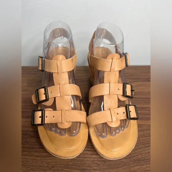 Kork Ease Magdelena Platform Leather Buckle Wedge Sandals Sz 8 Earthy Neutral