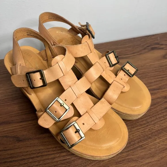 Kork Ease Magdelena Platform Leather Buckle Wedge Sandals Sz 8 Earthy Neutral