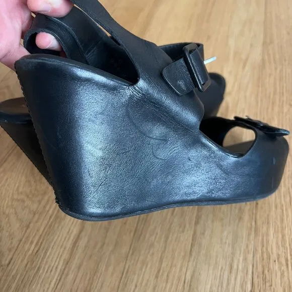 Kork-Ease Susie Black Leather Platform Wedge Sandals Women's Size 10