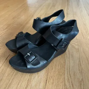 Kork-Ease Susie Black Leather Platform Wedge Sandals Women's Size 10