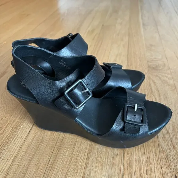 Kork-Ease Susie Black Leather Platform Wedge Sandals Women's Size 10