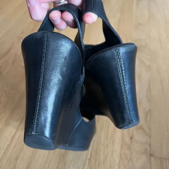 Kork-Ease Susie Black Leather Platform Wedge Sandals Women's Size 10