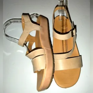 Korks-Ease (Size 9M) Tan Leather Upper Ankle Buckle Strap Platform Wedge Sandals