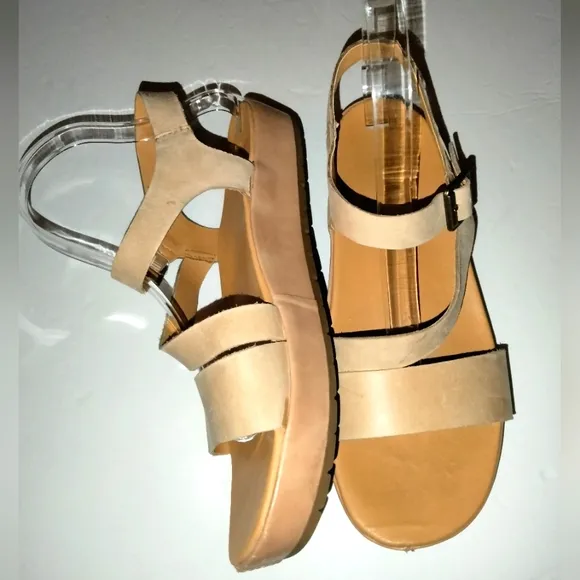 Korks-Ease (Size 9M) Tan Leather Upper Ankle Buckle Strap Platform Wedge Sandals