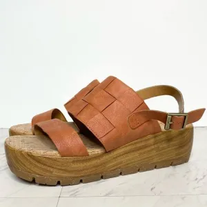 Korks Kork Ease Fraya Orange Brown Faux Leather Platform Wedge Sandal 9M