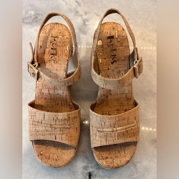 Korks Nordstrom Chunky Platform Cork Tan Wedge Y2K Sandals with Buckle- Size 8