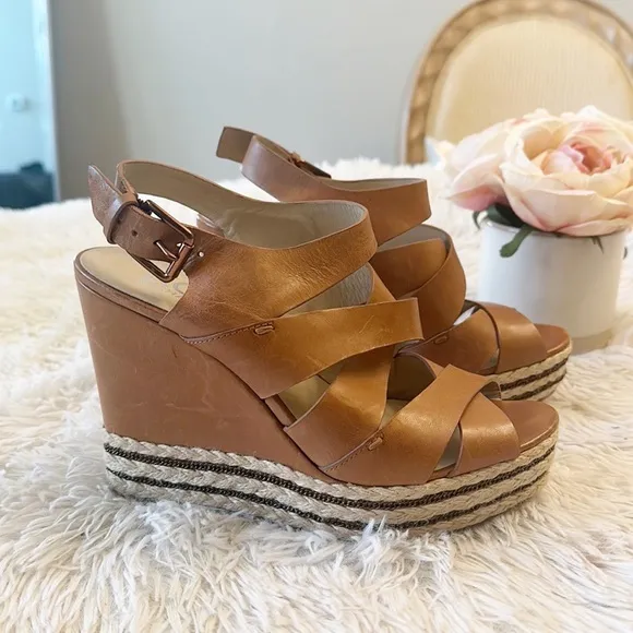 KORS Michael Platform Wedge Tan Leather Sandals women size 7.5