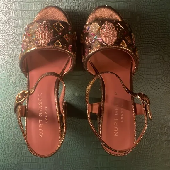 Kurt Geiger gold platform Maryjane sandals with multicolored rhinestones, EU 38