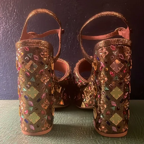 Kurt Geiger gold platform Maryjane sandals with multicolored rhinestones, EU 38