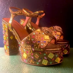 Kurt Geiger gold platform Maryjane sandals with multicolored rhinestones, EU 38