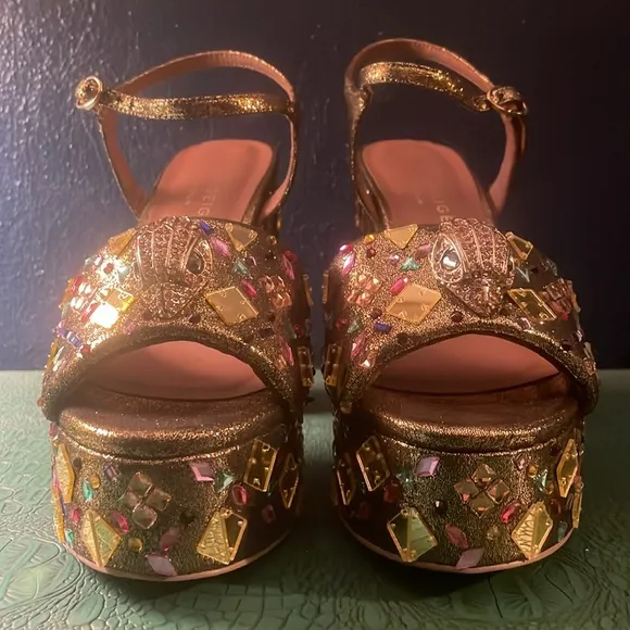 Kurt Geiger gold platform Maryjane sandals with multicolored rhinestones, EU 38