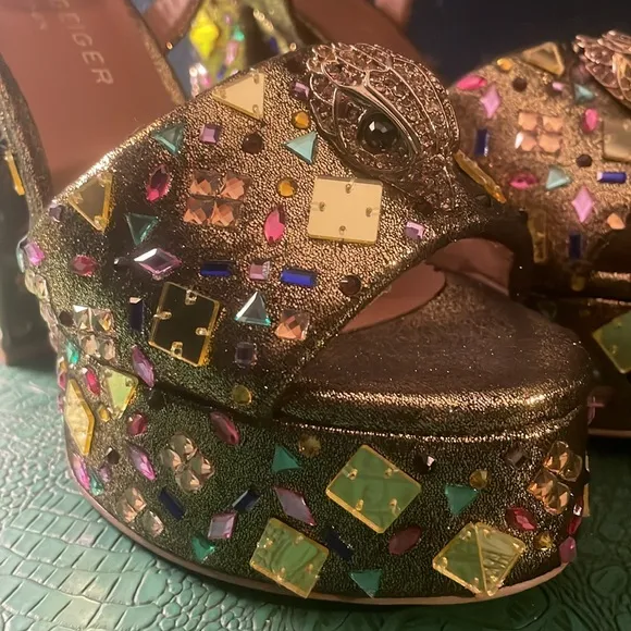 Kurt Geiger gold platform Maryjane sandals with multicolored rhinestones, EU 38