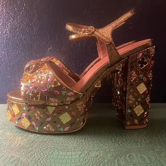 Kurt Geiger gold platform Maryjane sandals with multicolored rhinestones, EU 38