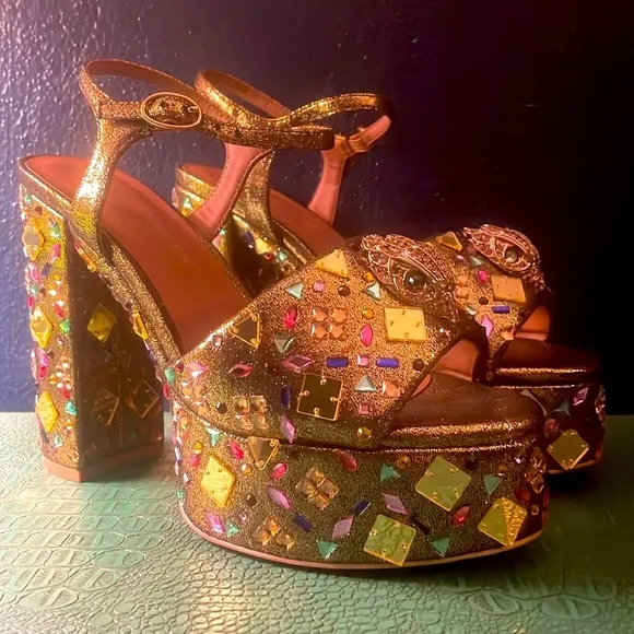 Kurt Geiger gold platform Maryjane sandals with multicolored rhinestones, EU 38
