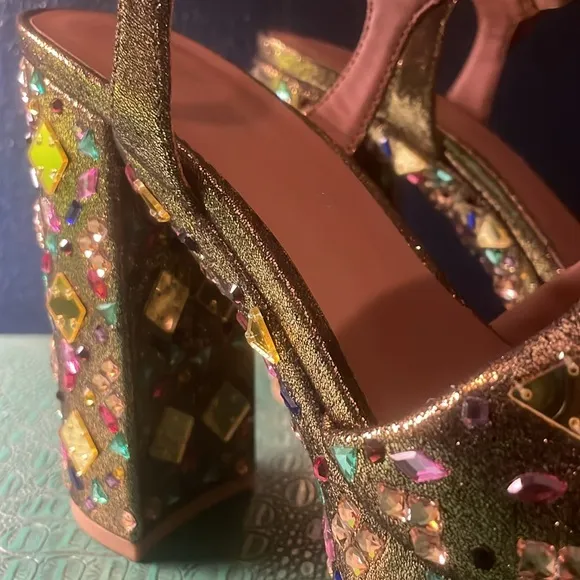 Kurt Geiger gold platform Maryjane sandals with multicolored rhinestones, EU 38