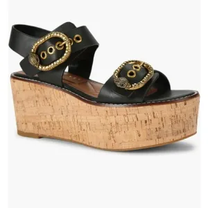 Kurt Geiger London Mayfair Black Gold Platform Wedge Sandal 37 EU 7 US