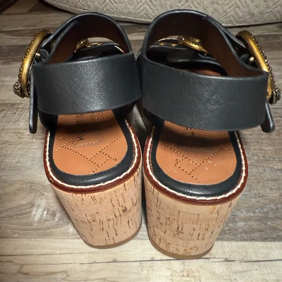 Kurt Geiger London Mayfair Black Gold Platform Wedge Sandal 37 EU 7 US