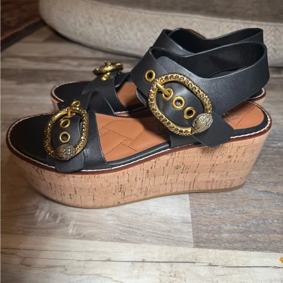 Kurt Geiger London Mayfair Black Gold Platform Wedge Sandal 37 EU 7 US