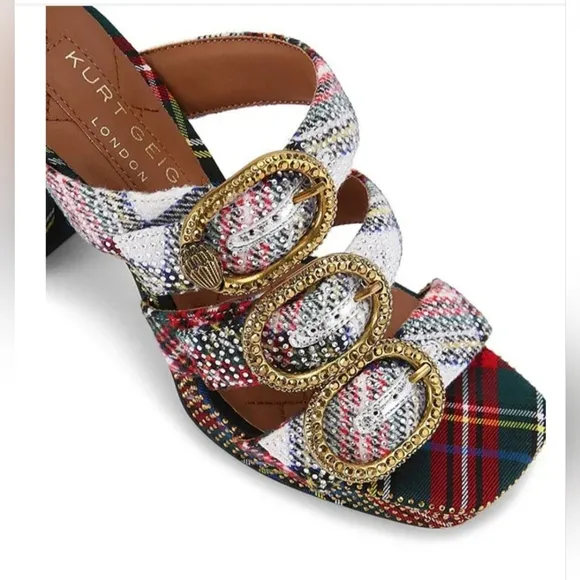 Kurt Geiger London Mayfair Embellished Tartan Plaid Platform Slide Sandals