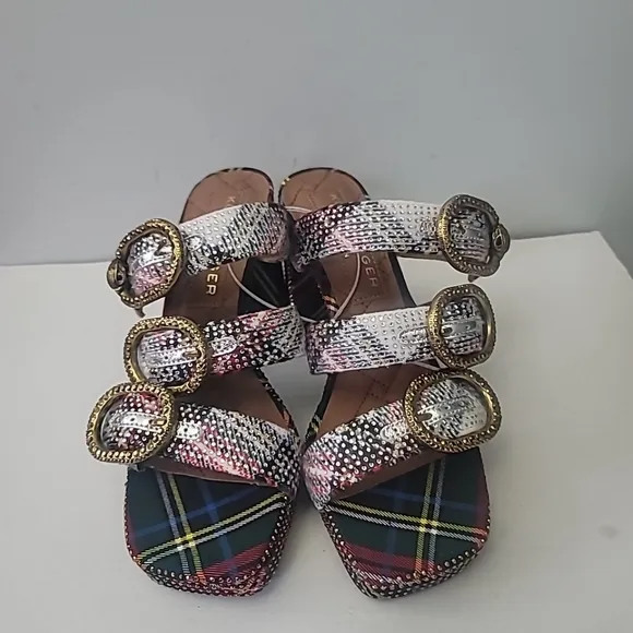 Kurt Geiger London Mayfair Embellished Tartan Plaid Platform Slide Sandals