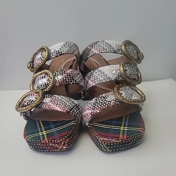 Kurt Geiger London Mayfair Embellished Tartan Plaid Platform Slide Sandals