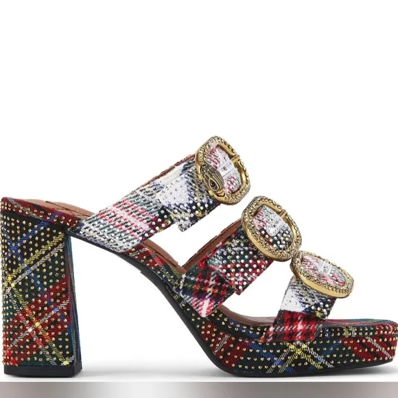 Kurt Geiger London Mayfair Embellished Tartan Plaid Platform Slide Sandals