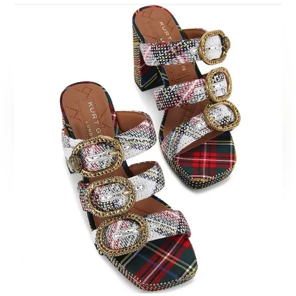 Kurt Geiger London Mayfair Embellished Tartan Plaid Platform Slide Sandals