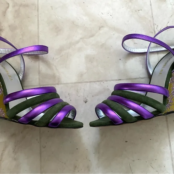 LA DoubleJ Made in Italy Suede Leather Floral Ankle Strap Wedge Sandals size 6