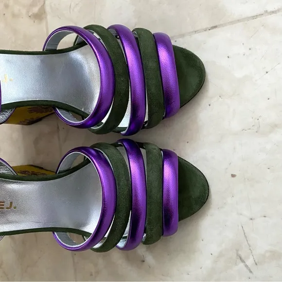 LA DoubleJ Made in Italy Suede Leather Floral Ankle Strap Wedge Sandals size 6