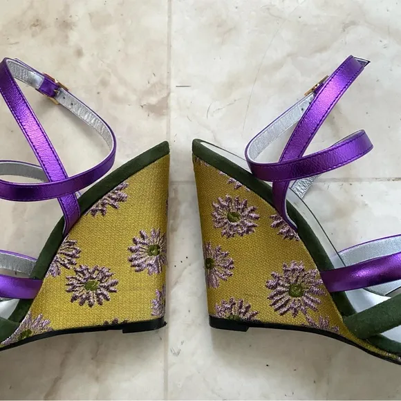 LA DoubleJ Made in Italy Suede Leather Floral Ankle Strap Wedge Sandals size 6