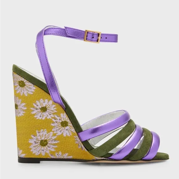 LA DoubleJ Made in Italy Suede Leather Floral Ankle Strap Wedge Sandals size 6