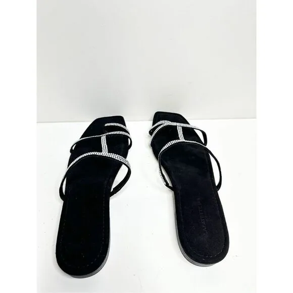 Lafayette 148 New York Sandals Size 7.5US Black Leather Rhinestone Slip On Shoe