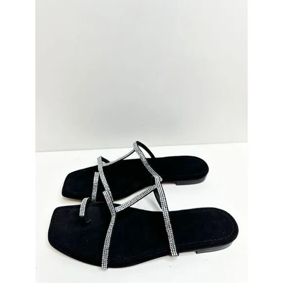 Lafayette 148 New York Sandals Size 7.5US Black Leather Rhinestone Slip On Shoe
