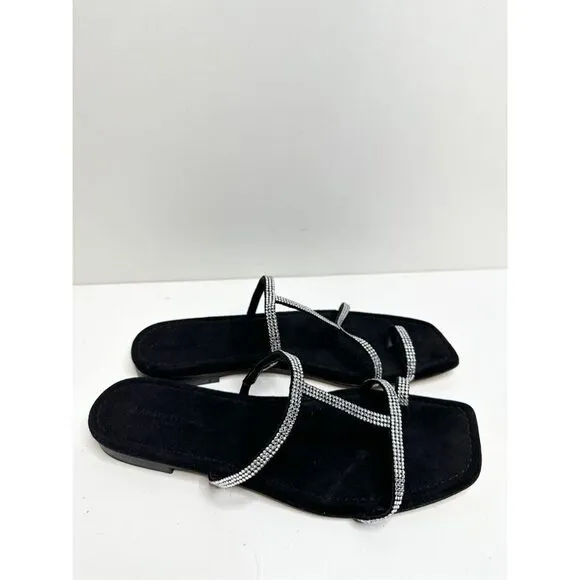 Lafayette 148 New York Sandals Size 7.5US Black Leather Rhinestone Slip On Shoe
