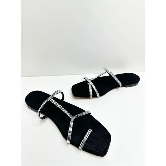 Lafayette 148 New York Sandals Size 7.5US Black Leather Rhinestone Slip On Shoe