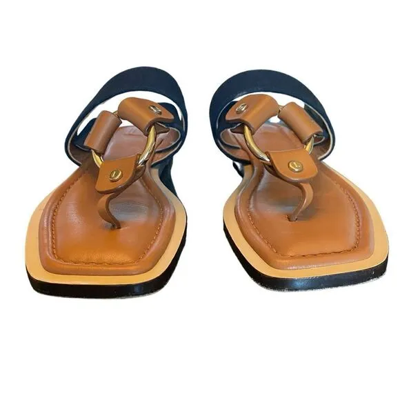 Lafayette 148 Sz 38/8 Brown Navy Blue Sabine Leather Canvas Classic Sandals