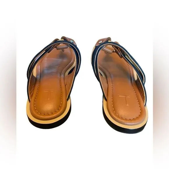 Lafayette 148 Sz 38/8 Brown Navy Blue Sabine Leather Canvas Classic Sandals