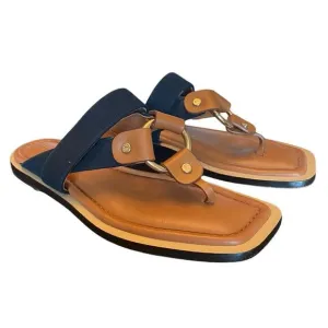Lafayette 148 Sz 38/8 Brown Navy Blue Sabine Leather Canvas Classic Sandals