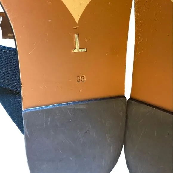 Lafayette 148 Sz 38/8 Brown Navy Blue Sabine Leather Canvas Classic Sandals