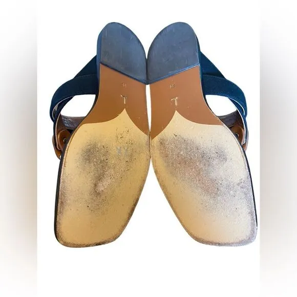 Lafayette 148 Sz 38/8 Brown Navy Blue Sabine Leather Canvas Classic Sandals