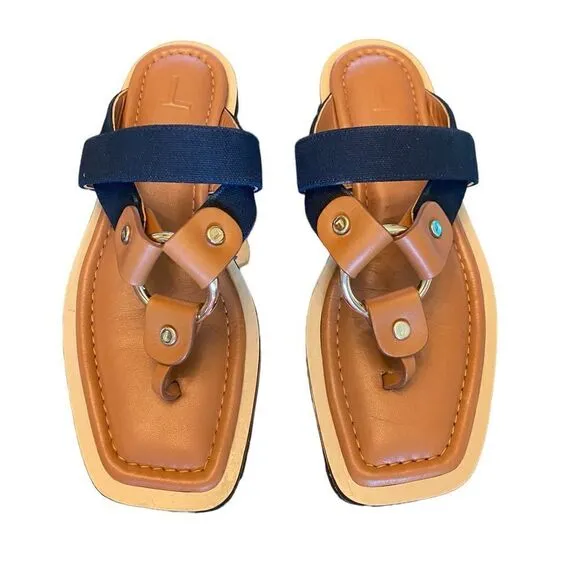 Lafayette 148 Sz 38/8 Brown Navy Blue Sabine Leather Canvas Classic Sandals