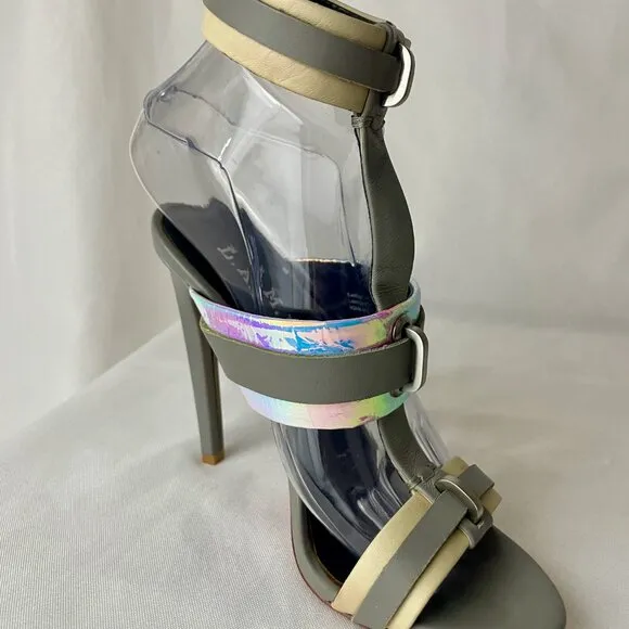 L.A.M.B. Stunning Metallic Iridescent Grey Ankle Buckle Stiletto Sandals 7.5 M