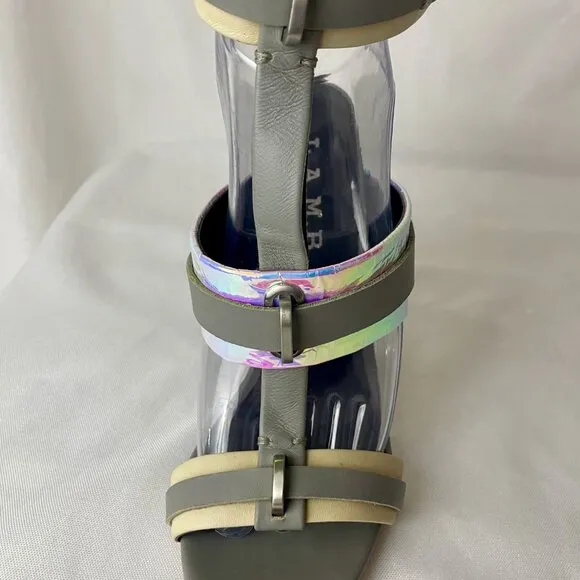 L.A.M.B. Stunning Metallic Iridescent Grey Ankle Buckle Stiletto Sandals 7.5 M