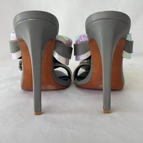 L.A.M.B. Stunning Metallic Iridescent Grey Ankle Buckle Stiletto Sandals 7.5 M