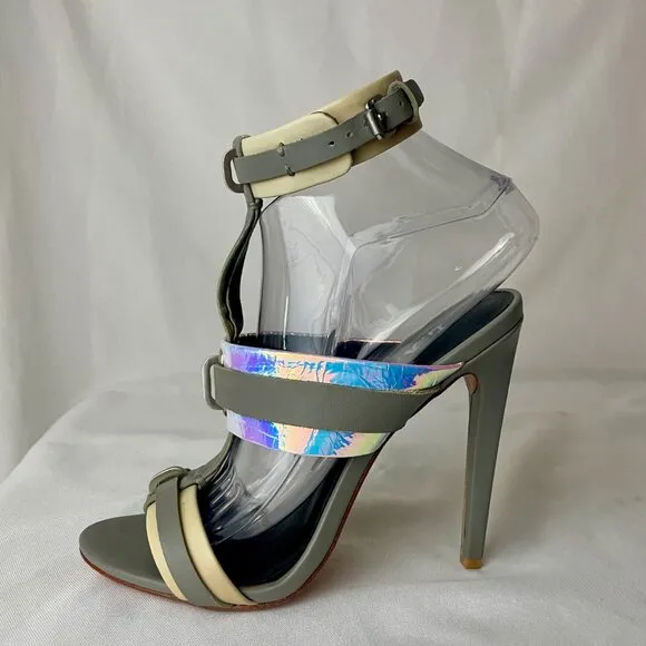 L.A.M.B. Stunning Metallic Iridescent Grey Ankle Buckle Stiletto Sandals 7.5 M