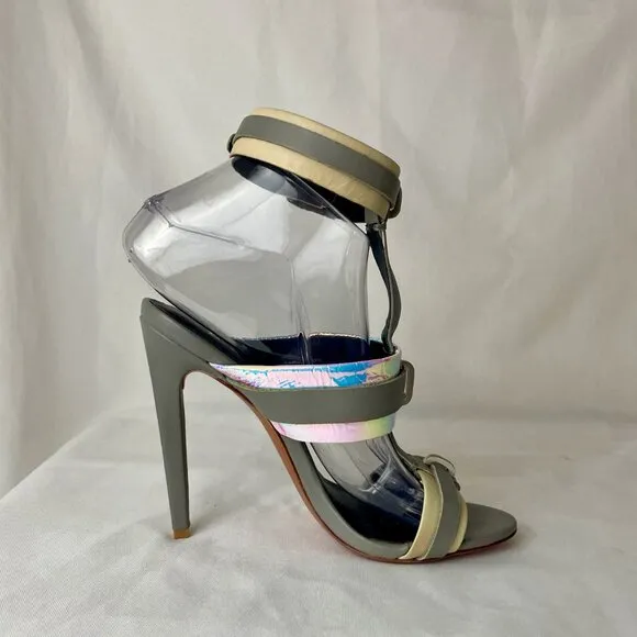 L.A.M.B. Stunning Metallic Iridescent Grey Ankle Buckle Stiletto Sandals 7.5 M