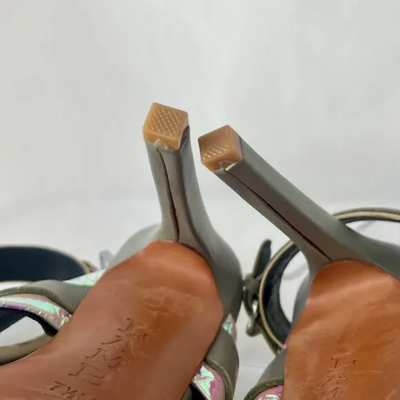 L.A.M.B. Stunning Metallic Iridescent Grey Ankle Buckle Stiletto Sandals 7.5 M