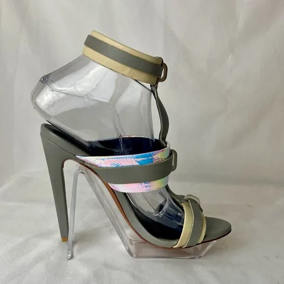 L.A.M.B. Stunning Metallic Iridescent Grey Ankle Buckle Stiletto Sandals 7.5 M