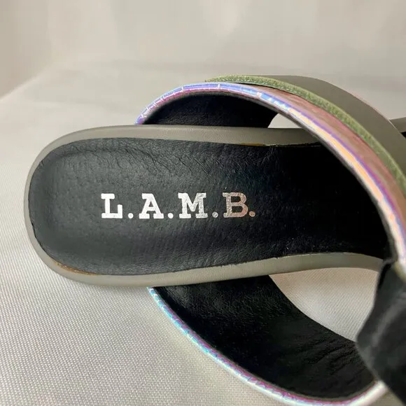 L.A.M.B. Stunning Metallic Iridescent Grey Ankle Buckle Stiletto Sandals 7.5 M