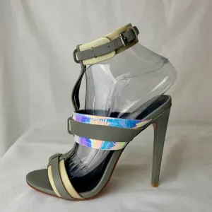L.A.M.B. Stunning Metallic Iridescent Grey Ankle Buckle Stiletto Sandals 7.5 M